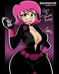 1girls absurd_res allstate artist_name artist_signature belt big_breasts black_bodysuit bodysuit breasts busty camtoons cellphone cleavage clothing company_name curvaceous deviantart dialogue earpiece erin_esurance esurance female female_only fully_clothed gauntlets green_eyes hand_on_hip hourglass_figure huge_ass lipstick pink_belt pink_hair skin_tight skin_tight_suit solo spy thick_ass thick_thighs thin_waist voluptuous watermark wide_hips zipper_down