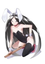 2018 ambiguous_gender androgynous black_eyes black_hair black_legwear black_socks blush bort_(land_of_the_lustrous) bunny_ears bunny_tail bunnysuit hand_on_ass high_heels holding_object houseki_no_kuni humanoid legwear light_skin long_hair long_socks looking_at_viewer neckwear red_high_heels rule_63 very_long_hair white_background white_sclera wristwear yoi_naosuke