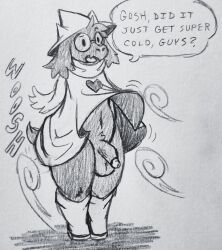 anthro big_penis cloak clothed clothing clueless deltarune dialogue drawn english_text exposed_penis fauxtellno1_(artist) fur furry furry_only glasses hat male male_only oblivious penis ralsei standing tail text undertale_(series) wardrobe_malfunction windy windy_skirt