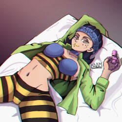 1girls alternate_version_available arm_up bedbug_(artist) female female_only fully_clothed goo_goo_dolls gwess hairband jojo's_bizarre_adventure looking_at_viewer lying_down lying_on_back lying_on_bed medium_hair midriff pose seductive seductive_pose smirk smirking_at_viewer sole_female stand_(jjba) stone_ocean striped_clothing striped_pants striped_shirt tank_top