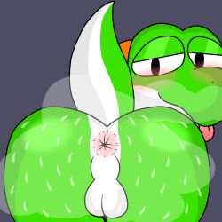 anthro anus ass balls blush digital_media_(artwork) dinosaur genitals green_yoshi happy hi_res looking_at_viewer lyncario male male_only mario_(series) nintendo nude penis reptile scalie simple_background smile solo tongue tongue_out video_games yoshi yoshi_(character)