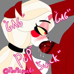 1boy1girl balls black_lipstick blonde_hair blowjob blushing breasts charlie_morningstar_(hazbin_hotel) demon erect_penis exposed_breasts fellatio hazbin_hotel huge_cock lipstick lipstick_mark lipstick_on_penis lipstick_smear nipples oral partial_male penis sideboob straight_hair theplagueart