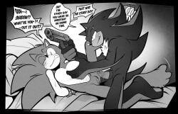 2025 absurd_res andromorph andromorph/male anthro bdsm becoming_erect bed bondage bound chest_grab dialogue digital_drawing_(artwork) digital_media_(artwork) duo english_text eulipotyphlan forced furniture genitals gun handgun hands_behind_head hedgehog hi_res holding_gun holding_handgun holding_object holding_pistol holding_ranged_weapon holding_weapon improper_gun_handling intersex intersex/male lying male mammal monochrome on_back on_bed pawpads penis pistol ranged_weapon rape restraints rope rope_bondage sega sex shaddycatz shadow_the_hedgehog smile sonic_the_hedgehog sonic_the_hedgehog_(series) speech_bubble text unsafe_weapon_practices vulva weapon