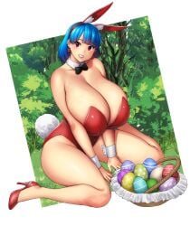 1girls absurd_res basket big_breasts blue_hair bowtie breasts_bigger_than_head bunny_ears easter easter_egg erkazooya grass high_heels huge_breasts huge_thighs original red_eyes rina_atherina_(errorkazoo) short_hair thick_thighs tree