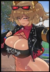 1girl arrow_(symbol) bandeau black_bandeau black_border black_gloves black_jacket blonde_hair border bottomless breasts burnice_white cleavage commentary eyewear_on_head fingerless_gloves gloves groin highres jacket johnv large_breasts long_sleeves looking_at_viewer mole mole_on_breast mole_on_stomach navel out-of-frame_censoring red-tinted_eyewear red_eyes selfie smile solo sunglasses tinted_eyewear two_side_up zenless_zone_zero