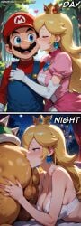 ai_generated balls before_and_after blonde_hair blue_eyes blush bowser cheating crown gloves jewelry kissing long_hair mario mario_(series) mustache pink_dress princess_peach rimjob rimming saliva saliva_trail white_bra yellow_skin