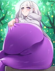 ass ass_focus bare_shoulders blush bodysuit braid breasts bumbledoge cameltoe commentary crown_braid emilia_(re:zero) english_commentary flower grey_hair hair_flower hair_ornament hair_ribbon highres long_hair looking_at_viewer pointy_ears presenting_own_ass presenting_own_body purple_bodysuit purple_eyes re:zero_kara_hajimeru_isekai_seikatsu ribbon smile solo white_flower white_hair x_hair_ornament