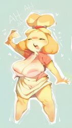 absurd_res animal_crossing anthro areola biped blush bodily_fluids bottomwear breasts canid canine canis clothing domestic_dog eyelashes eyes_closed female fingers fur genitals hi_res isabelle_(animal_crossing) mammal navel nintendo nipples open_mouth sachsech205 slightly_chubby solo sweat teeth tongue topwear vulva