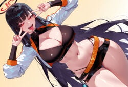 1girl 1girls ai_generated alternate_costume balecxi bangs black_clothes black_hair black_panties black_shorts blue_archive blunt_bangs blush breasts bright_pupils cleavage cleavage_cutout clothing clothing_cutout crop_top cropped_jacket curvaceous curvaceous_female curvaceous_figure curvy curvy_figure double_v dutch_angle female female_focus hair_ornament hairclip halo highleg_panties hip_vent inviting inviting_to_sex jacket large_breasts long_hair long_sleeves looking_at_viewer midriff navel open_clothes open_jacket open_mouth panties panty_straps presenting presenting_breasts presenting_self red_eyes rio_(blue_archive) seductive seductive_look seductive_smile short_shorts shorts shrug_(clothing) simple_background smile solo stomach thick_thighs thighs tongue tongue_out tsukatsuki_rio underwear v v_over_eye very_long_hair voluptuous voluptuous_female watch white_jacket white_pupils wide_hips wristwatch yellow_background
