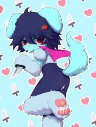 3:4 absurd_res ambiguous_gender anthro blue_body blue_fur bodily_fluids butt cum cum_in_ass cum_in_mouth cum_inside cum_on_paw deltarune dog_ears dog_tail f2cc fur genital_fluids hi_res kris_dreemurr solo undertale_(series)