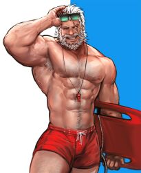 1boy 2017 2d 2d_(artwork) abs beard biceps bulge bulge_through_clothing color colored detailed dilf dopq facial_hair hair high_resolution highres lifeguard male male_only moustache muscle muscles muscular muscular_male nipples overwatch reinhardt simple_background six_pack solo solo_focus solo_male surfboard swimwear whistle whistle_(object) whistle_around_neck white_hair