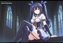 1girl ai_generated anime anime_style bare_shoulders black_hair black_thighhighs blush breasts bridal_gauntlets choujigen_game_neptune cleavage crossed_legs detached_collar detached_sleeves dress feet_out_of_frame frills garter_straps hair_between_eyes hair_ornament hair_ribbon hentai hi_res hyperdimension_neptunia indoors long_hair looking_at_viewer medium_breasts mystic_maidens neptune_(series) neptunia_(series) noire noire_(neptunia) patreon red_eyes ribbon sitting skirt smile solo thighhighs thighs twintails very_long_hair white_skirt window