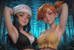 2girls ai_generated armpits arms_up black_hair blue_eyes blush crop_top dawn_(pokemon) forest green_eyes looking_at_viewer misty_(pokemon) night orange_hair outdoors pokemon_(game) pokemon_dppt pokemon_rgby smile sports_bra syngornai white_hat