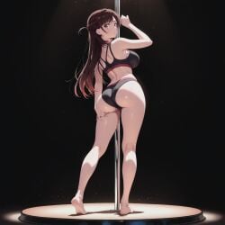 aesthetic ai_generated big_breasts big_butt blacked blacked_clothing embarrassed female high_quality high_resolution highres kanojo_okarishimasu large_ass large_breasts mizuhara_chizuru pole pole_dancing sexy_female shy_smile simple_background strip_club stripper_pole telegram