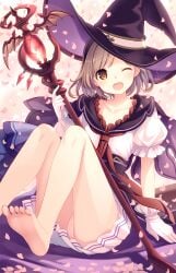 1girls bare_legs barefoot blonde blonde-haired_female blonde_female blonde_hair brown_eyes djeeta_(granblue_fantasy) female granblue_fantasy one_eye_closed panties pantyshot pantyshot_(sitting) pink_panties pink_underwear short_hair underwear upskirt witch_hat