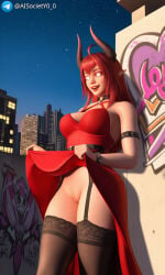 1girl ai_generated clothes_lift demon_girl dress horns night pink_eyes pointy_ears pussy red_dress red_hair showing_pussy sinia stockings