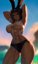 abs athletic big_breasts cmapca_art curvy highres looking_at_viewer muscular muscular_female muscular_thighs short_hair sky slim slim_waist smile solo solo_female solo_focus tattoo thick_thighs