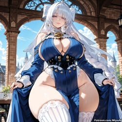 1girl ai_assisted ai_generated architecture bangs bare_shoulders blue_sky blush braid breasts cleavage cloud curvaceous curvy curvy_female curvy_figure day dress dress_lift earrings eyebrows_visible_through_hair female jewelry long_hair looking_at_viewer miyuai purple_eyes silver_hair sky smile solo thick thick_ass thick_butt thick_hips thick_legs thick_thighs thighhighs thighs twin_braids velina_airgid very_long_hair voluptuous voluptuous_female white_legwear wide_hips wide_thighs zenless_zone_zero