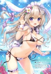 1girl ameto_yuki beach bikini_bottom bikini_top blush braid breasts bunny_ears flower flower_hair_ornament highres large_breasts maid maid_apron maid_bikini maid_headdress original rabbit_ears rabbit_girl sea side-tie_bikini side_braid small_but_busty white_hair