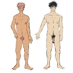 2boys big_penis black_hair boy_pussy bush ftm fushiguro_megumi gay_couple hairy_chest hairy_legs headcanon itadori_yuuji jujutsu_kaisen nipples nude nude_male penis pink_hair top_surgery_scars transgender_male