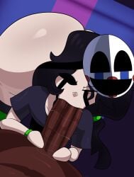 1girl 1male 2026 :>= big_ass black_hair blacked charlie_emily charlie_emily_(fnaf_games) charlotte_emily crying dark-skinned_male female five_nights_at_freddy's green_clothing huge_ass la_sandia mask puppet_(fnaf) straight