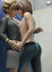 2girls 3d 3d_(artwork) blender blender_(software) blonde_hair female female_only hazsapphic kate_marsh life_is_strange light_skin max_caulfield nipples small_breasts standing topless