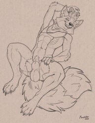 animal_genitalia anthro balls canid canine canine_genitalia claws fangs finger_claws fix fox fox_mccloud fully_sheathed genitals hi_res kerchief kerchief_only lying male male_only mammal mostly_nude muscular muscular_male navel neckerchief neckerchief_only neckwear nintendo nude on_back open_mouth open_smile pawpads richard_foley sheath smile solo star_fox teeth toe_claws whiskers