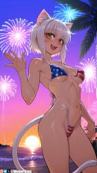 1girl 2026 2d :d absurd_res absurd_resolution absurdres aerial_fireworks ai_generated american_flag american_flag_bikini american_flag_print animal_ear_fluff animal_ears beach bikini blush breasts cat_ears cat_girl cat_tail extra_ears fireworks flag_print hi_res high_quality high_resolution high_school_dxd highleg highleg_bikini highres image koneko_toujou looking_at_viewer medium_breasts navel ocean open_mouth outdoors palm_tree patreon patreon_username short_hair sky smile solo standing stomach string_bikini sun sunset swimsuit tail teeth tree uncensured upper_teeth_only watermark waving white_hair wienergens yellow_eyes