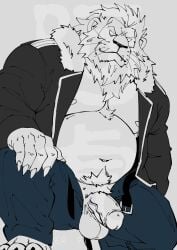 anthro bara belly belt chimera chubby clothed feline flaccid fullmetal_alchemist fullmetal_alchemist_brotherhood fur heinkel hybrid lion male male_only mane nipples pants patchcaacaa penis pubic_hair vest