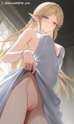 1girls ai_generated blue_eyes cartethyia_(wuthering_waves) looking_at_viewer pussy shineinsfw smile solo uncensored wet white_hair wuthering_waves