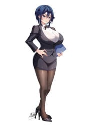 1girl black_jacket black_pantyhose black_shoes black_skirt blue_eyes blue_hair blush breasts collared_shirt commentary_request full_body hair_between_eyes hand_on_own_hip high_heels holding jacket large_breasts looking_at_viewer miniskirt original pantyhose sanshoku_amido shirt shoes short_hair simple_background skirt solo standing white_background white_shirt