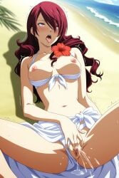1girl ahegao ai_generated beach bikini blush breasts breasts_out clothes_pull clothing_aside day digitalwaifugallery female_ejaculation female_masturbation female_orgasm fingering flower front-tie_top hair_flower hair_ornament hair_over_one_eye hi_res hibiscus high_quality high_resolution large_breasts long_hair masturbation mitsuru_kirijo navel nipples open_mouth orgasm outdoors patreon persona_3 pussy pussy_juice red_eyes red_hair rolling_eyes saliva sand sarong seductive sexy solo spread_legs sweat swimsuit tongue tongue_out trembling uncensored water watermark white_bikini
