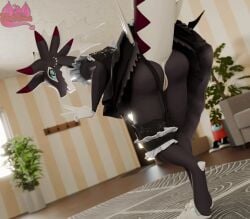 3d_(artwork) 3d_animation animated animated_gif anthro blender_(artwork) butt butt_focus clothing digital_media_(artwork) digitigrade dragon dragonmaid_sheou duel_monster female genitals gesture hand_gesture horn inside looking_at_viewer looking_back maid_uniform mythological_creature mythological_scalie mythology plant potatotime scalie shaking_butt short_playtime solo standing tail uniform v_sign vulva watermark yu-gi-oh!