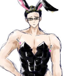 1boy abs abs_visible_through_clothing artist_request bara black_bunny_ears black_bunnysuit black_eyes black_hair bottomless bunny_costume bunny_ears bunnysuit cleavage colored cross-popping_vein digital_media_(artwork) fake_animal_ears gay glasses glasses_on_face honestly_quite_incredible human humanoid japanese_text latex_bunnysuit latex_suit limbus_company looking_annoyed looking_at_viewer male male_focus male_only male_playboy_bunny muscular muscular_arms muscular_male no_visible_genitalia onomatopoeia project_moon sketch unamused vespa_(distortion_detective) wide_shoulders