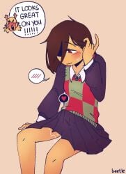 artist_request artist_signature beetleevil boner_in_pants boner_under_clothes clothed deltarune flat_chested_futa futanari horny kris_(deltarune) kris_female_(deltarune) leaking_cum lesbian noelle_holiday skirt transfem