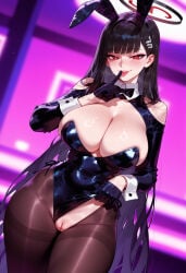 1girl 1girls ai_generated alternate_costume animal_ears balecxi bangs bare_shoulders black_bow black_bowtie black_gloves black_hair black_legwear black_leotard black_pantyhose blue_archive blurry_background blush bow bowtie breasts brown_pantyhose bunny_ears bunnysuit cleavage cleft_of_venus clothing clothing_aside clothing_cutout curvaceous curvaceous_female curvaceous_figure curvy curvy_figure detached_collar fake_animal_ears female female_focus finger_to_mouth gloves hair_ornament hairclip halo highleg highleg_leotard inviting inviting_to_sex large_breasts legwear leotard leotard_aside long_hair long_sleeves looking_at_viewer pantyhose playboy_bunny presenting presenting_ass presenting_breasts presenting_hindquarters presenting_pussy presenting_self pussy rabbit_ears red_eyes rio_(blue_archive) seductive seductive_look seductive_smile shushing smile solo strapless strapless_leotard thighband_pantyhose thighs tongue tongue_out torn_pantyhose tsukatsuki_rio uncensored very_long_hair voluptuous voluptuous_female wrist_cuffs