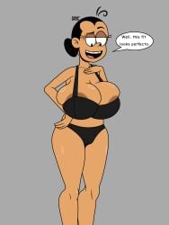 1girls areolae bare_shoulders belly_button bikini black_bikini black_hair black_panties breasts cleavage dark-skinned_female dark_skin english_text female female_focus female_only grey_background hair_bun large_breasts latina looking_down lt03official maria_santiago milf nickelodeon nicktoons open_mouth panties simple_background smile solo solo_female solo_focus speech_bubble standing the_casagrandes the_loud_house tied_hair