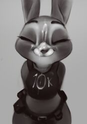 2022 absurd_res anthro bodily_fluids closed_eyes clothed clothing cum cum_on_face digital_media_(artwork) disney eyelashes female fluid_on_breasts fur genital_fluids grey_body grey_fur hands_behind_back hi_res judy_hopps lagomorph leporid mammal milestone_celebration monochrome police_uniform qupostuv35 rabbit simple_background smile solo topwear uniform zootopia