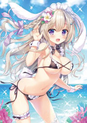 1girl ameto_yuki beach bikini_bottom bikini_top blush braid breasts bunny_ears flower flower_hair_ornament highres large_breasts maid maid_apron maid_bikini maid_headdress original rabbit_ears rabbit_girl sea side-tie_bikini side_braid small_but_busty white_hair