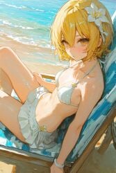 1girl ai_generated beach beach_chair bikini bikini_skirt blonde_hair don_quixote_(limbus_company) don_quixote_(project_moon) from_above limbus_company outdoors project_moon short_hair sitting small_breasts white_bikini yellow_eyes