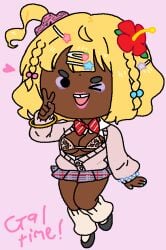 1girls animal_print bead_bracelet beads black_eyes blonde_hair bow bowtie bra bracelet braid breasts cardigan chibi chibi_style cleavage clothed clothed_female clothing collared_shirt dark-skinned_female dark_skin digital_media_(artwork) english_text eyeshadow female female_only fingernails flower ganguro gyaru gyaru_gal hair_bobbles hair_bow hair_flower hair_ornament hair_scrunchie hairclip hibiscus jewelry kogal leg_warmers leopard_print lips lipstick looking_at_viewer loose_socks makeup mary_janes medium_breasts medium_hair miniskirt mirukuwave nail_polish one_eye_closed one_side_up open_clothes pink_lips plaid plaid_clothes plaid_clothing plaid_skirt pleated_skirt school_uniform scrunchie shoes short_hair side_braid side_ponytail skirt smile socks solo solo_female standing star_(symbol) star_hair_ornament teeth text thick_eyebrows twin_braids upper_teeth_only v-shaped_eyebrows very_dark_skin voluptuous voluptuous_female wide_hips wink winking_at_viewer wrist_scrunchie