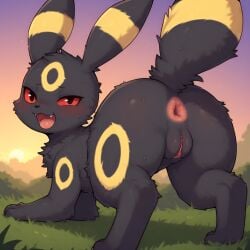 ai_generated all_fours anus arched_back ass_focus ass_in_air black_fur black_pupils blush fluffy furry game_freak hind_legs long_ears looking_at_viewer looking_back looking_over_shoulder nintendo open_mouth outdoors pokemon pokemon_(species) presenting pussy red_sclera round_ass smile tail umbreon wekilled_god