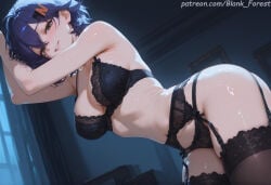 1girl ai_generated armpits arms_up artist_name bangs bare_shoulders belle_(zenless_zone_zero) bent_over black_bra black_hair black_legwear black_panties blue_hair blush bra breasts cleavage dutch_angle earrings eyebrows_visible_through_hair garter_belt garter_straps green_eyes grin hair_ornament half-closed_eyes indoors jewelry lace lace-trimmed_bra lace-trimmed_legwear lamp large_breasts leaning_forward lingerie looking_at_viewer lying mole mole_under_eye multicolored_hair navel night panties parted_lips purple_hair short_hair smile solo standing stomach sweat thighhighs thighs underwear underwear_only zenless_zone_zero