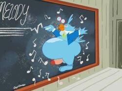 2026 anthro avian batboyo bird broken_glasses chalkboard disney eyewear flattened genitals glasses hi_res male morbidly_obese musical_note musical_symbol obese overweight owl penis professor_owl solo symbol