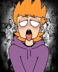 ahegao ahegao_expression ahegao_face arms_down black_shirt blush blush_lines blushing drool drooling eddsworld eyes_rolling_back fluffy_hair ginger ginger_hair justsomedude light-skinned_male long_hair male_only matt_(eddsworld) meme meme_in_the_background peace_sign purple_hoodie spiked_hair spikey_hair tongue_out