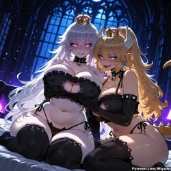 2girls ai_assisted ai_generated artist_name backlighting bangs bare_shoulders bell black_bra black_collar black_legwear black_nails black_panties blonde_hair blue_eyes blush boosette bowsette bra bracelet breasts cat_cutout cat_lingerie cleavage cleavage_cutout collar collarbone crown curvaceous curvy curvy_female curvy_figure earrings elbow_gloves eyebrows_visible_through_hair female frilled_bra frilled_gloves frilled_legwear frills gloves hair_between_eyes half-closed_eyes horns jewelry large_breasts lingerie long_hair long_ponytail looking_at_viewer mario_bros meme_attire miyuai multiple_girls navel pale_skin panties pointy_ears ponytail princess_king_boo purple_eyes sharp_fingernails sharp_teeth side-tie_panties silver_hair sitting smile spiked_armlet spiked_collar spiked_tail spikes string_panties super_crown tail teeth thick thick_ass thick_butt thick_eyebrows thick_hips thick_legs thick_thighs thighhighs thighs tongue tongue_out underwear underwear_only very_long_hair voluptuous voluptuous_female wariza white_hair wide_hips wide_thighs window yuri