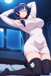 1girl ai_generated armpits arms_behind_head arms_up bare_shoulders bed black-framed_eyewear black_choker black_thighhighs blue_hair blush breasts choker digitalwaifugallery dress glasses hair_ornament hairband heart_mark_oome hi_res high_quality high_resolution indoors kneeling large_breasts long_hair long_sleeves looking_at_viewer moon night off-shoulder_sweater off_shoulder on_bed patreon pillow purple_eyes ribbed_sweater saigawara_reika seductive semi-rimless_eyewear sexy smile solo sweater sweater_dress thighhighs uncensored under-rim_eyewear watermark white_hairband white_sweater window zettai_ryouiki