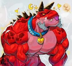 anthro bara barazoku collar devil_dinosaur dinosaur disembodied_hands its_coldpizzart male male_only marvel marvel_comics marvel_rivals moon_girl_and_devil_dinosaur muscles muscular nude praise red_body scalie tongue_out