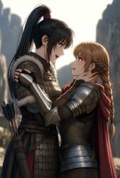 2girls ai_generated ai_voice_acted animated armored_female arrow bangs black_hair blush braided_ponytail brown_hair cloak daytime embracing english_voice_acting female_only happy height_difference human_female kissing lamellar_armor light-skinned_female long_hair lovers mountainous_horizon original outdoors plate_armor ponytail romantic_couple smiling_at_partner tagme video wife_and_wife yuri
