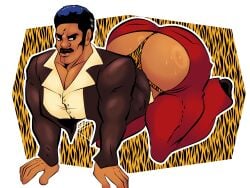 afro all_fours arched_back ass bara big_ass big_butt black_dynamite black_dynamite_(character) butt dark-skinned_male dat_ass exposed_ass fully_clothed gay huge_ass huge_butt looking_back nizbagelshop on_all_fours shiny shiny_skin thong tiger_stripes